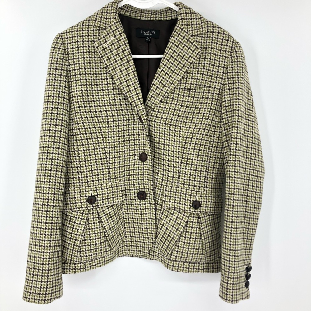 Talbots Blazer Womens Size 6 Wool Blend Green Pockets Houndstooth